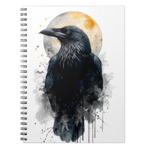 Caderno Espiral Arte Mística de Aguarela do Corvo Lua Gótica Cor