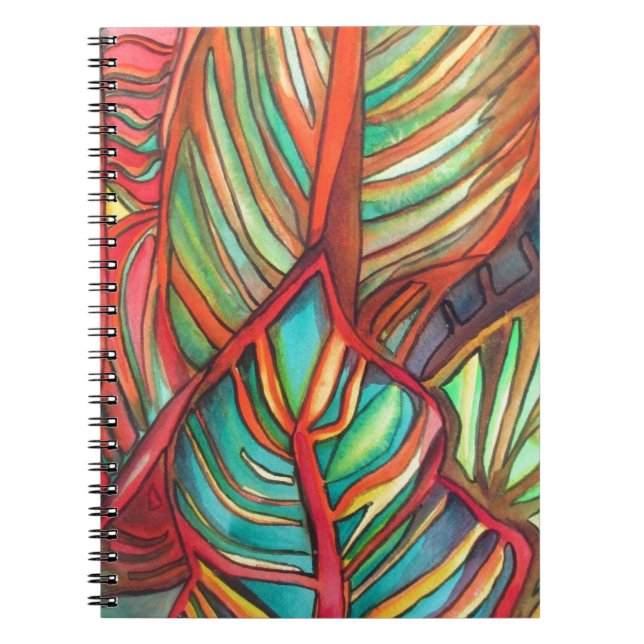 Caderno Espiral Arte original aquarela de folhas de Canna laranja (Frente)
