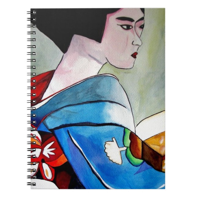Caderno Espiral Arte original de Geisha Japonesa com Quimono Azul (Frente)