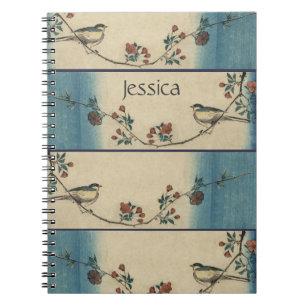 Caderno Espiral Arte Personalizado de Pássaros e Flores Japonesas