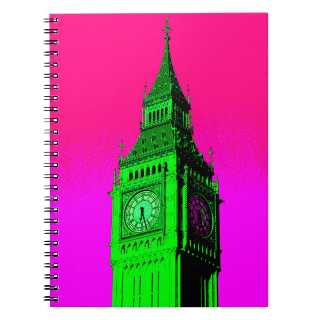 Caderno Espiral Arte Pop Big Ben Londres Viagem Rosa Verde (Frente)