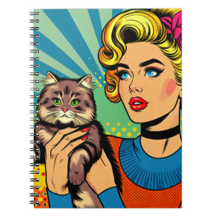 Caderno Espiral Arte Pop Comic Cartoon Mulheres Segurando Gato