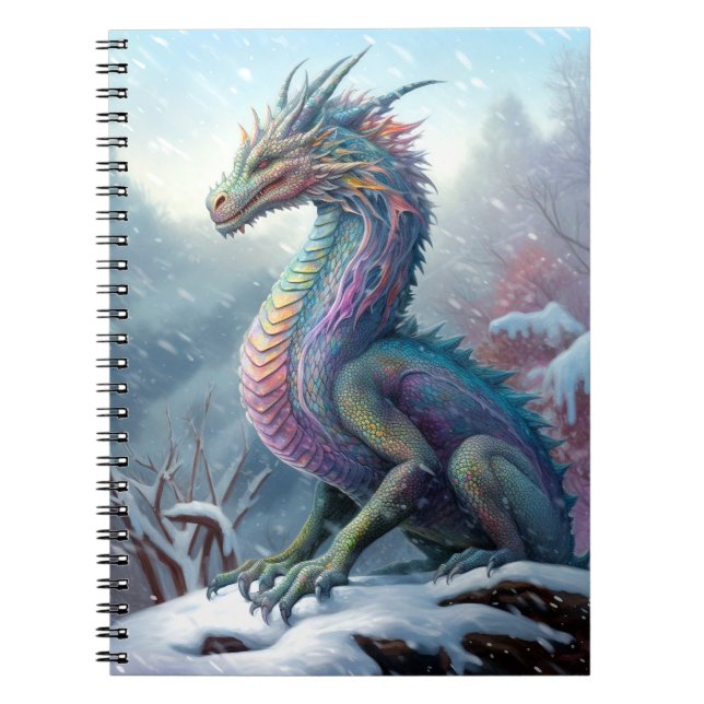 Caderno Espiral Arte Rainbow Dragon Na Fantasia Da Neve (Frente)