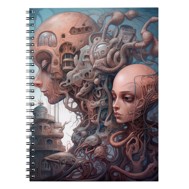 Caderno Espiral Arte Surreal Sci-Fi de Cabeças Biomecânicas (Frente)