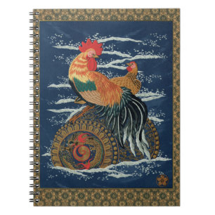 Caderno Espiral Arte Vintage de Galo Galinha Dragão Japonês