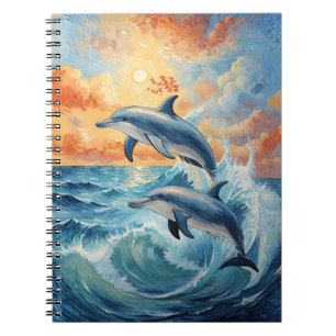 Caderno Espiral Artístico Dois Golfinhos Saltantes Oceano Sunset