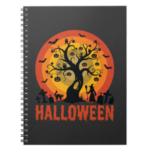Caderno Espiral Árvore Assombrada de Halloween Bruxa e Gatos Preto