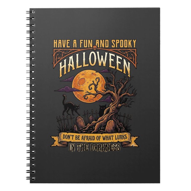 Caderno Espiral Árvore Assustadora de Halloween Lua Cheia Gato Pre (Frente)