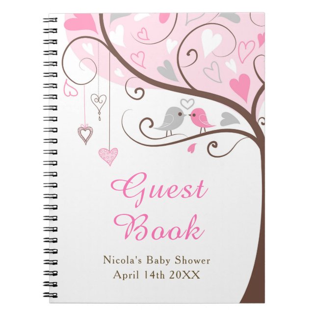 Caderno Espiral Árvore Corações De Pássaros Rosa Chás De Bebê (Frente)