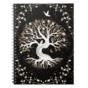 Caderno Espiral Árvore da Vida - Yggdrasil - branco preto e ouro