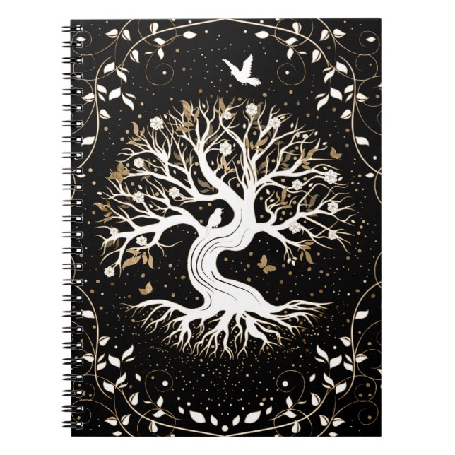 Caderno Espiral Árvore da Vida - Yggdrasil - branco preto e ouro (Frente)