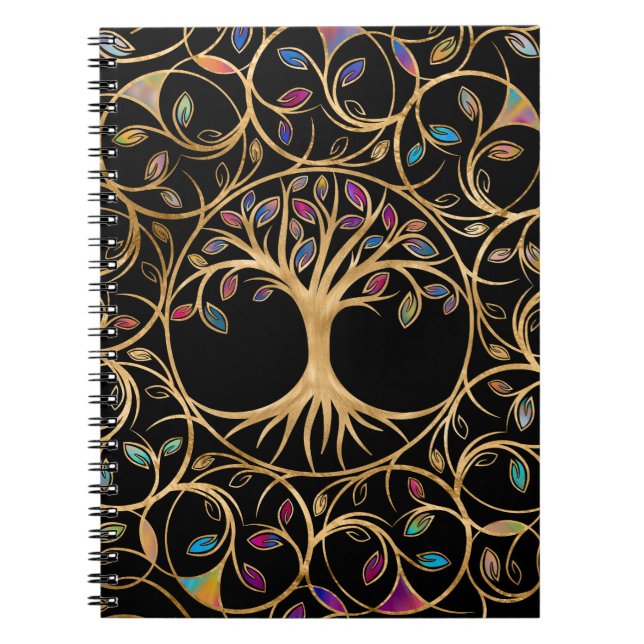 Caderno Espiral Árvore da vida - Yggdrasil - folhas coloridas (Frente)
