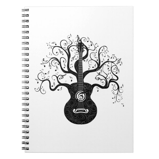 Caderno Espiral Árvore de guitarra da vida e notas musicais (Frente)