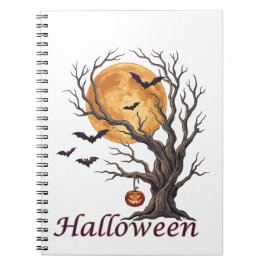 Caderno Espiral Árvore de Halloween e Abóbora Jack-o'-Lantern