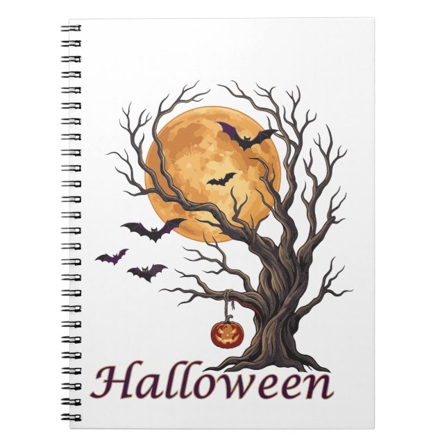 Caderno Espiral Árvore de Halloween e Abóbora Jack-o'-Lantern (Frente)