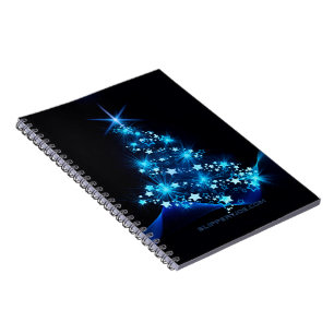 Caderno Espiral árvore de Natal estilizada SlipperyJoe azul brilha