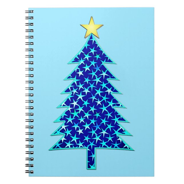 Caderno Espiral Árvore de Natal Mínima Moderna com Estrelas Azuis (Frente)