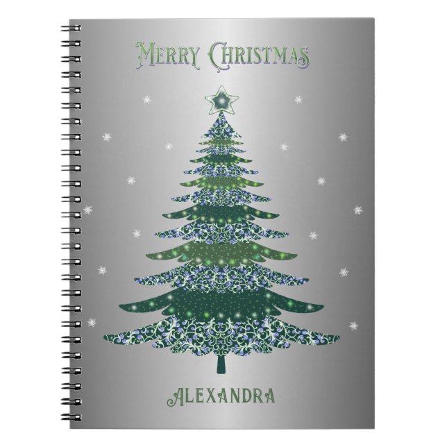 Caderno Espiral Árvore de Natal Verde Nome Personalizado Silver Fo (Frente)