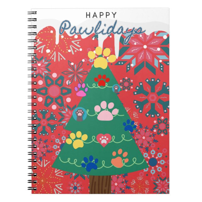 Caderno Espiral Árvore de Natal vermelha com ornamentos de patas (Frente)