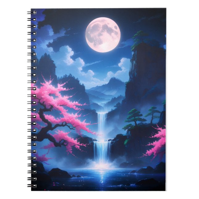 Caderno Espiral Árvore Sakora-Cascata ao Luar com Cerejeira Rosa (Frente)
