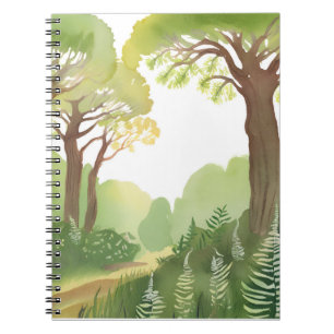 Caderno Espiral Árvores da Floresta Verde Aquarela Bonita da Nat