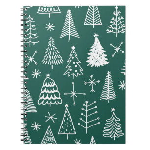 Caderno Espiral Árvores de Natal desenhadas à mão, padrão de inver