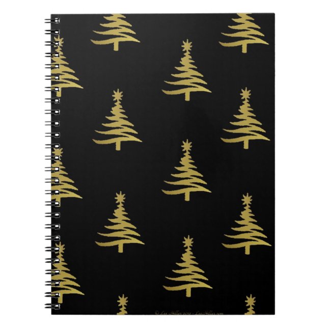 Caderno Espiral Árvores de Natal Douradas em Preto (Frente)