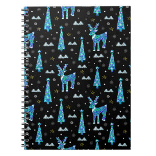 Caderno Espiral Árvores de Natal, flocos de neve de renas. Ilhus