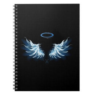 Caderno Espiral Asas Anjos Azuis Brilhantes em fundo preto