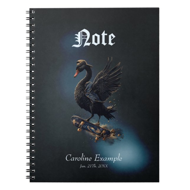 Caderno Espiral Asas de liberdade o cisne negro no skate. (Frente)