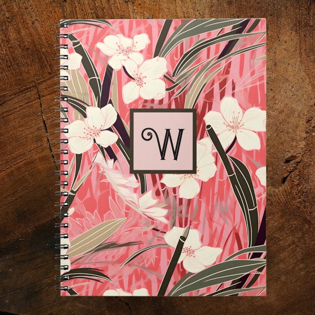 Caderno Espiral Asian Floral Pink Peach White Chinoiserie Monogram (Criador carregado)