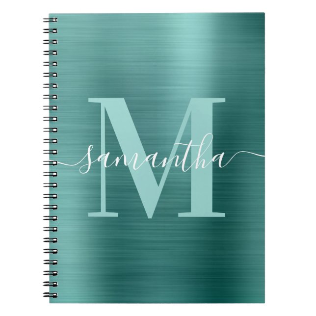 Caderno Espiral Assinatura Monograma Aqua Teal Shimmer Foil (Frente)