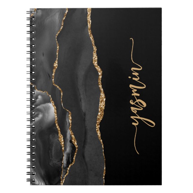 Caderno Espiral Assinatura Personalizada Agate Dourado Preto (Frente)