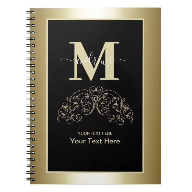 Caderno Espiral Assinatura Personalizada em Preto e Dourado (Frente)