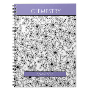 Caderno Espiral Assunto da Escola Floral Black White Purple Name