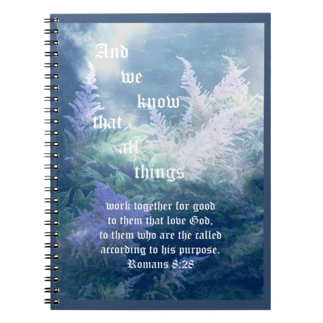 Caderno Espiral Astilbe Blue Mist Romans 8:28 (Frente)