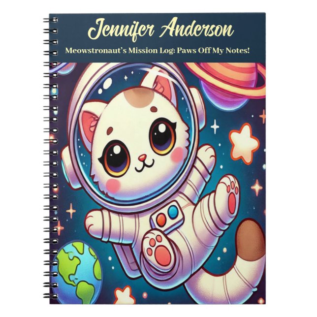 Caderno Espiral Astronauta Cat Notebook Nome e Título Personalizáv (Frente)