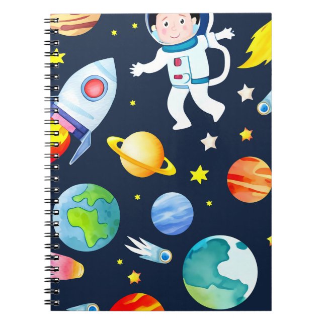 Caderno Espiral Astronauta em Planetas Espaciais e Padrão de Fogue (Frente)