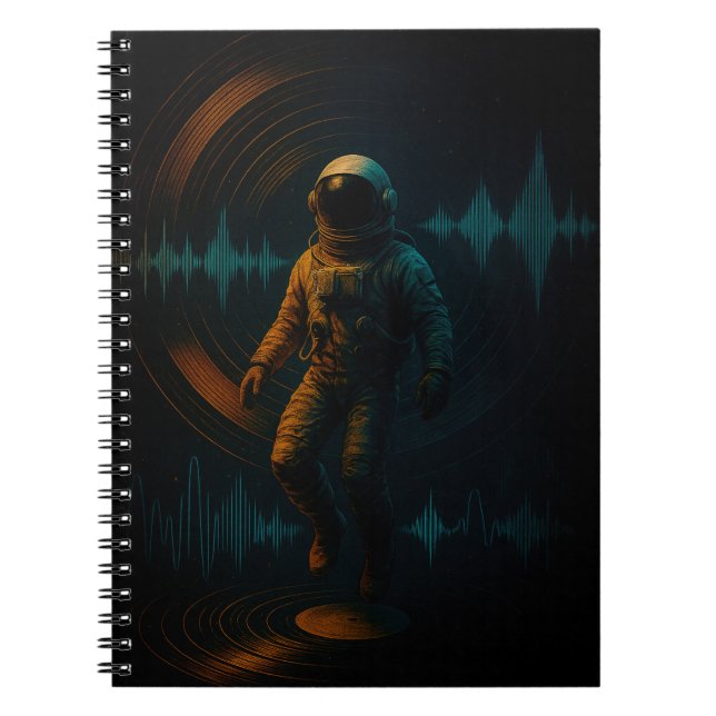 Caderno Espiral Astronauta Flutuante na Arte Sonora Glitchwave (Frente)
