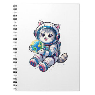 Caderno Espiral Astronauta Gato Fofo Segurando Desenho do Planeta 