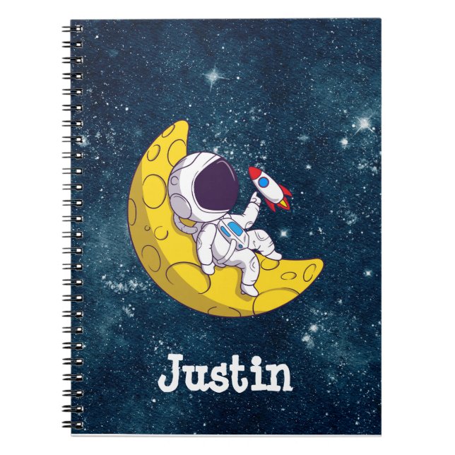 Caderno Espiral Astronauta Personalizado na Lua com Foguete (Frente)