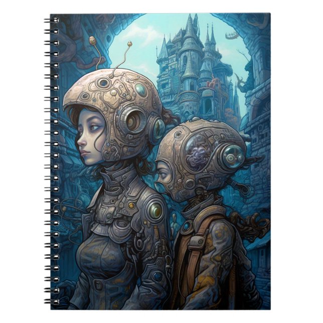 Caderno Espiral Astronautas Raparigas Surreal Ficção Científica (Frente)