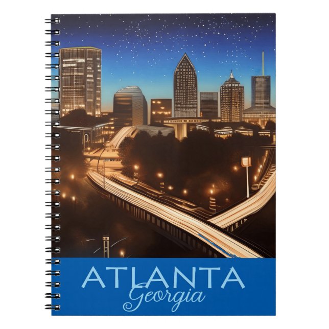 Caderno Espiral Atlanta Georgia Skyline Blue e Dourada Noite (Frente)