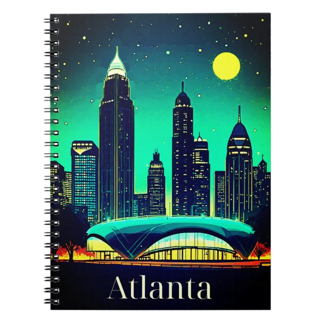 Caderno Espiral Atlanta Skyline sob um céu noturno estrelado (Frente)