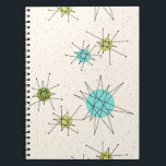 Caderno espiral atômico icónico de Starbursts<br><div class="desc">Este teste padrão atômico icónico do caderno espiral de Starbursts caracteriza starbursts atômicos icónicos. Isso é direito! A velha escola, o fundo colorido de creme com salpicos do ouro é o contexto perfeito para a turquesa vibrante, o aipo reconfortante, e os círculos coloridos do verde kitschy da pera. Os pontos...</div>