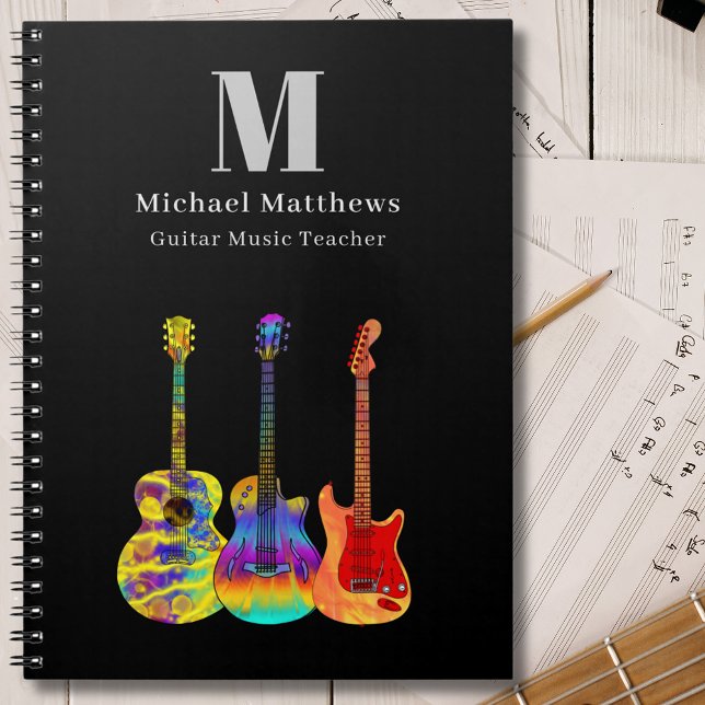 Caderno Espiral Aulas de Música Professor de Guitarra Personalizad (Guitar teacher music business custom notebook with funky psychedelic guitars  personalized monogram)