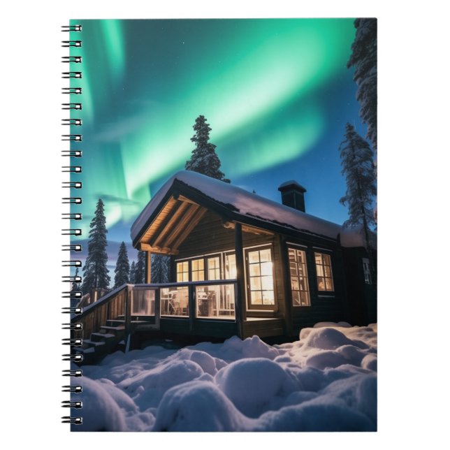 Caderno Espiral Aurora borealis sobre a cabana de inverno (Frente)