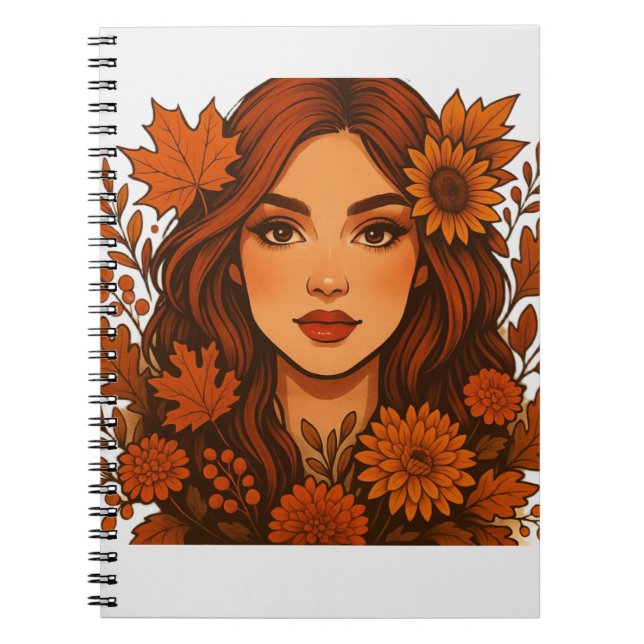 Caderno Espiral Autumn Muse - Mulher com Flores de Queda (Frente)
