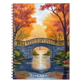 Caderno Espiral Autumn Park Bridge | Fall Foliage Watercolor