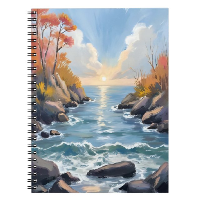 Caderno Espiral Autumn River Sunlight Fall Landscape Watercolor (Frente)